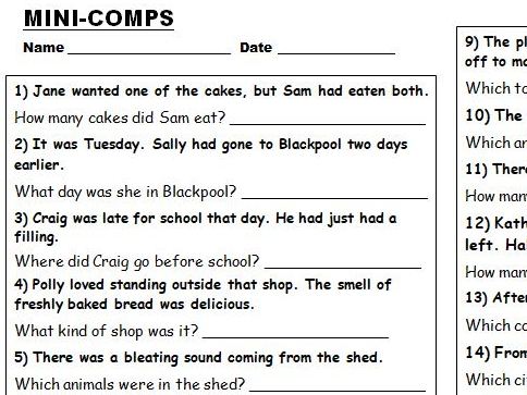 Mini-Comps :Mini Comprehension worksheet: inference and retrieval