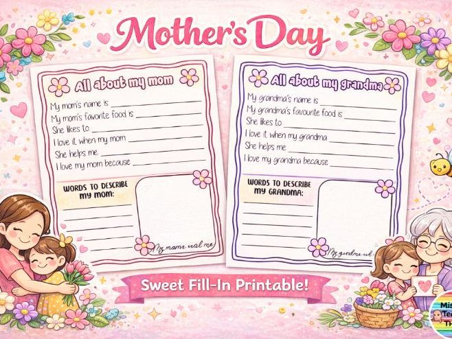 Mother's Day worksheet poster gift - USA and UK versions - grandma, aunt, mum, mom, grandmom