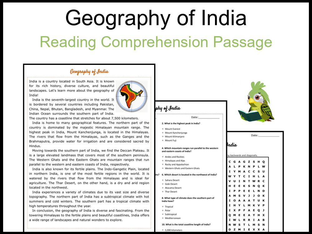 Geography of India Reading Comprehension and Word Search Teaching