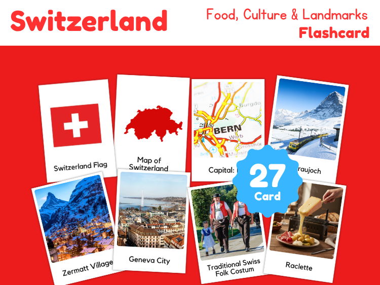 Switzerland Geography Flashcards | 27 Printable Country Study Cards