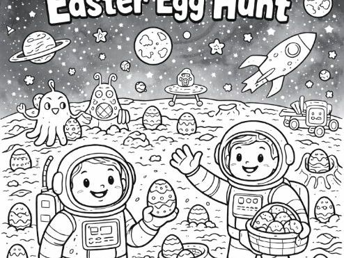 Easter Egg Hunt on the Moon and in Outer Space Colouring Sheet