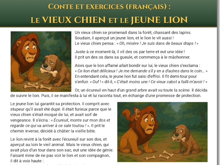 [French B1-B2] The Clever Old Dog – French fable with 8 ready-to-use exercises