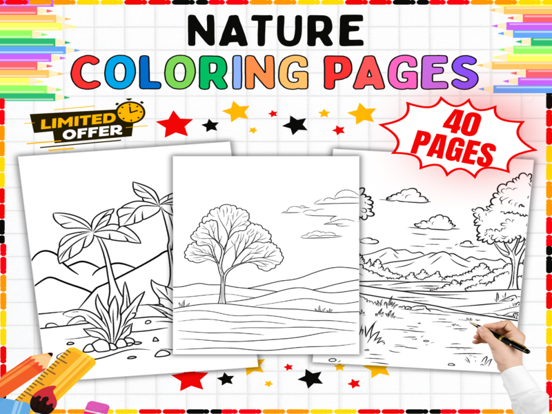 Nature Colouring Pages | 40 Outdoor Scenes Landscapes Trees Flowers | Environmental Art Worksheets