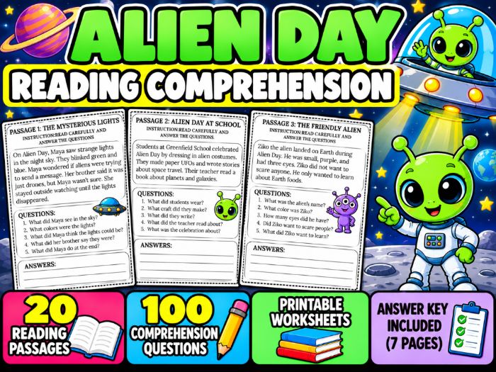 Alien Day Reading Comprehension | 20 Passages with Answer Key