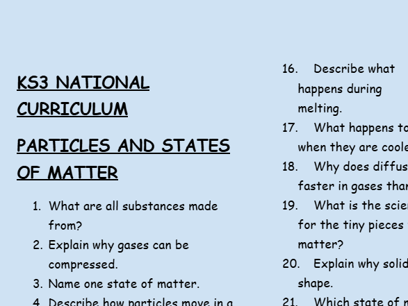 KS3 Chemistry: Particles and States of Matter – 30 Question Retrieval Worksheet