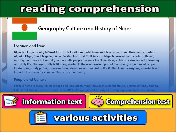 Geography Culture and History of Niger- Reading Comprehension, Worksheet & Activities