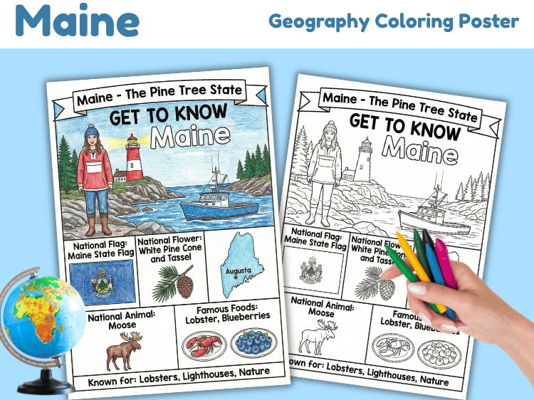 Maine Geography Coloring Poster | State Facts & Symbols