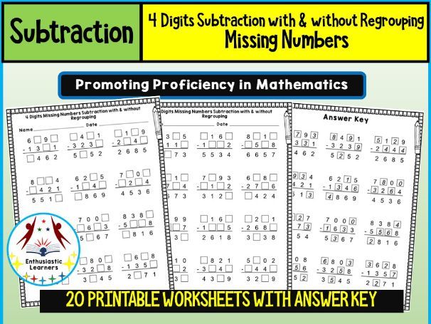 4-Digits Subtraction with & without Borrowing Missing Numbers Worksheets – Practice Activity