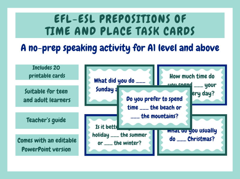 EFL-ESL Prepositions of Time and Place Speaking Task Cards (IN / AT / ON)