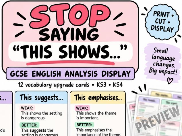 GCSE English Analysis Vocabulary Cards | Stop Saying “This Shows” KS3 KS4 Revision & Writing Support