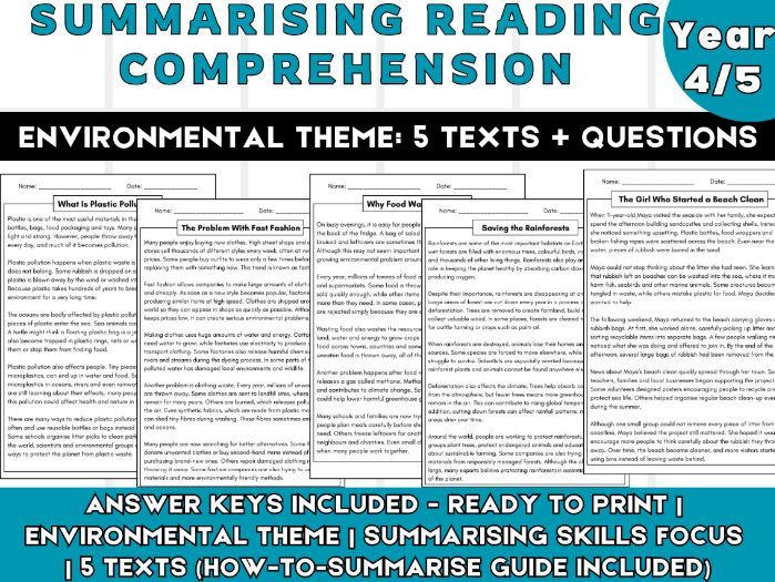 Year 4/5 Summarising Reading comprehension Environmental Texts (5 Passages) Answer keys included