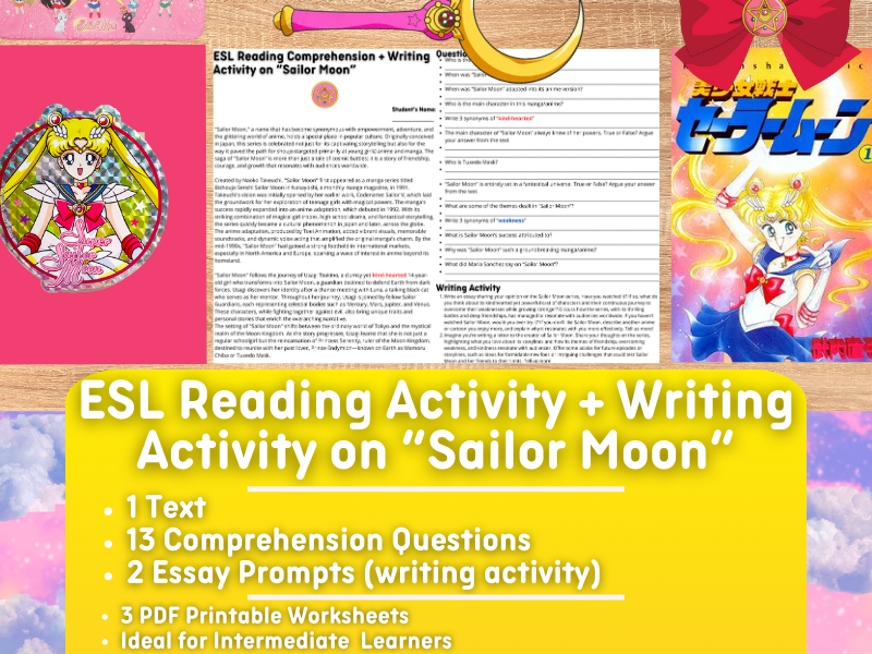 ESL Reading Comprehension + Writing Activity Worksheets on "Sailor Moon"