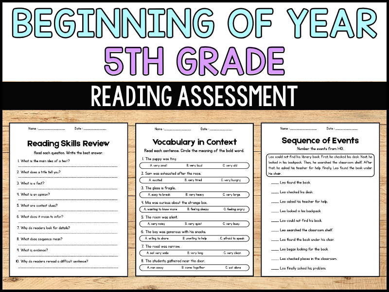 5th Grade beginning of the year Reading assessment | No prep ELA activities 5th Grade beginning of