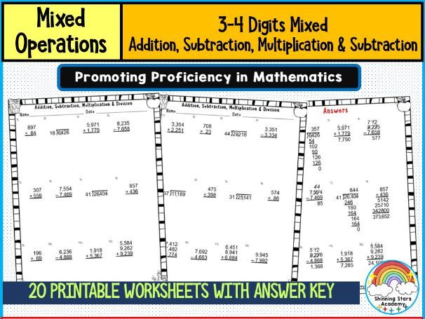 3–4 Digit Mixed Addition, Subtraction, Multiplication & Division Worksheets | Comprehensive Arithmet