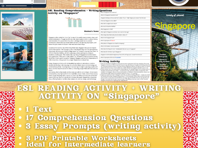 ESL Reading Comprehension + Writing Activity Worksheets on "Singapore"