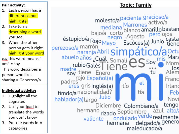 Y7 Spanish revision word cloud activity+games (family, holidays and school)