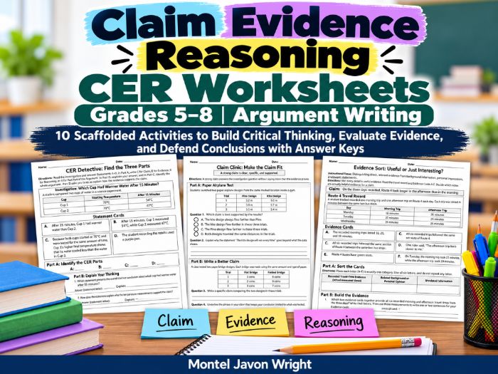 Claim Evidence Reasoning (CER) Worksheets Grades 5–8 | 10 Argument Writing Activities