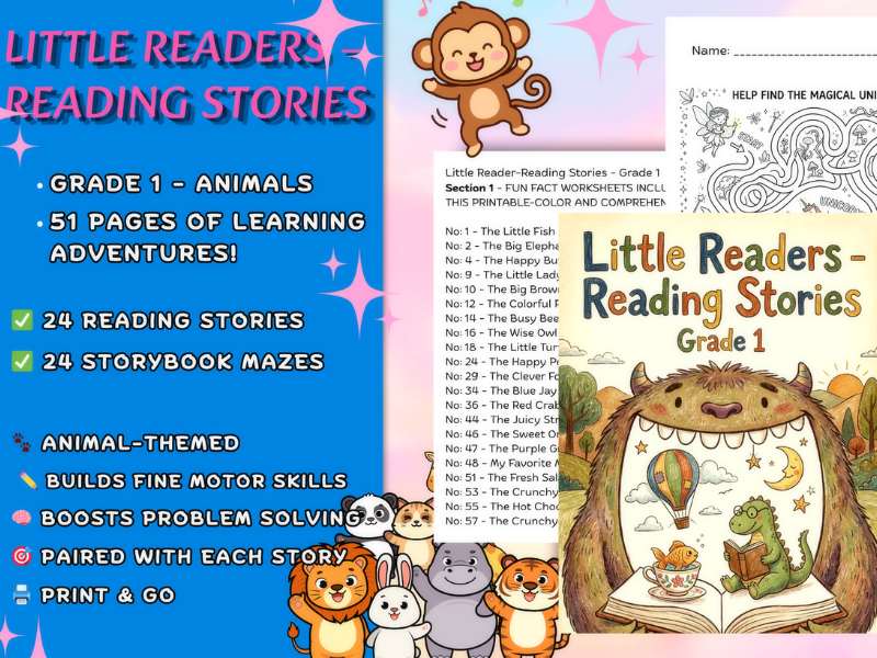 Little Readers Reading Stories Grade 1 Animals | Reading Comprehension Worksheets, Story Mazes