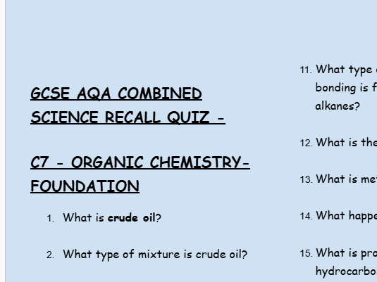 GCSE Chemistry C7 Organic Chemistry – 30 Foundation Retrieval Questions | AQA + Answers