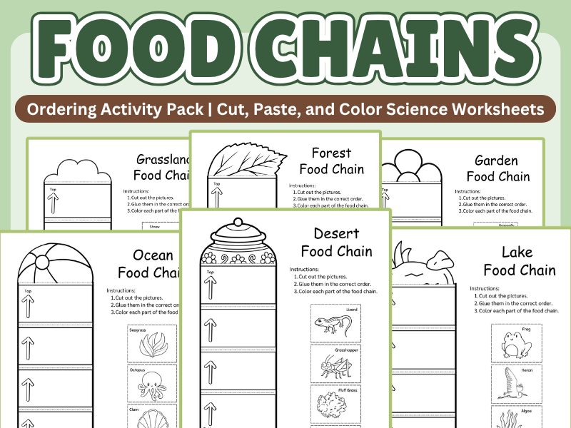 Food Chain Ordering Activity Pack | Cut, Paste, and Color Science Worksheets