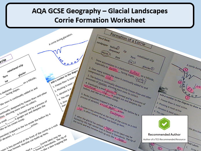 AQA Glacial Landscapes - Formation of a Corrie Worksheet and answers.
