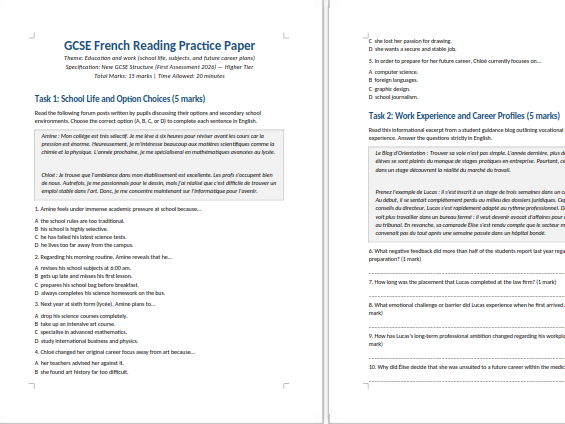 GCSE French New Spec Reading Mock: Education and Work (Higher Tier + Mark Scheme)
