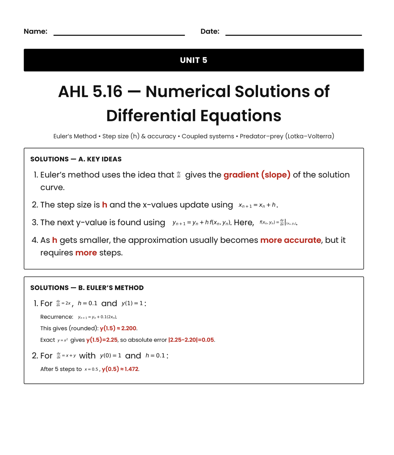IB Maths AI Worksheet AHL 5.16 - Numerical Solutions of Differential ...