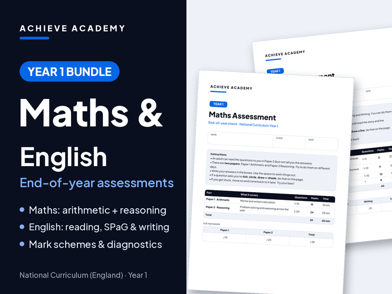 Year 1 Maths & English Assessment Bundle – End-of-Year Tests with Mark Schemes