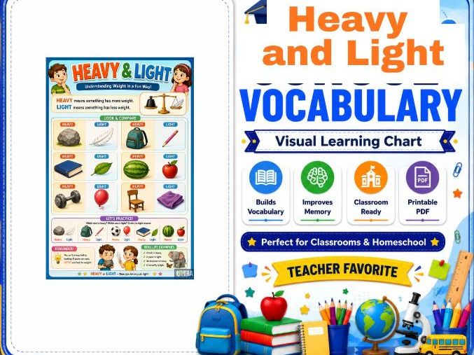 Printable Heavy & Light Poster – Visual Weight Comparison Chart for Preschool, Kindergarten,