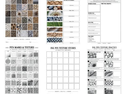 Ink Pen Texture Drawing: Complete 9-Page Worksheet & Practice Pack