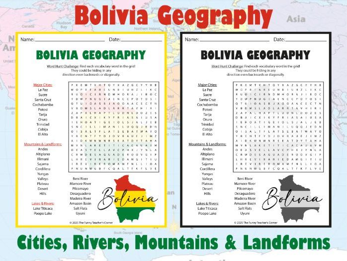 Bolivia Geography Word Search | Cities, Rivers, Mountains & Landforms Activity