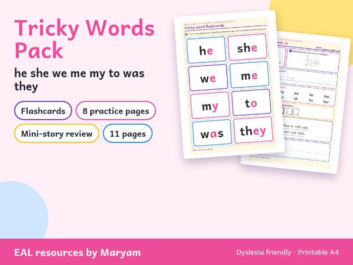 Red words bundle Tricky Words Pack: he, she, we, me, my, to, was, they