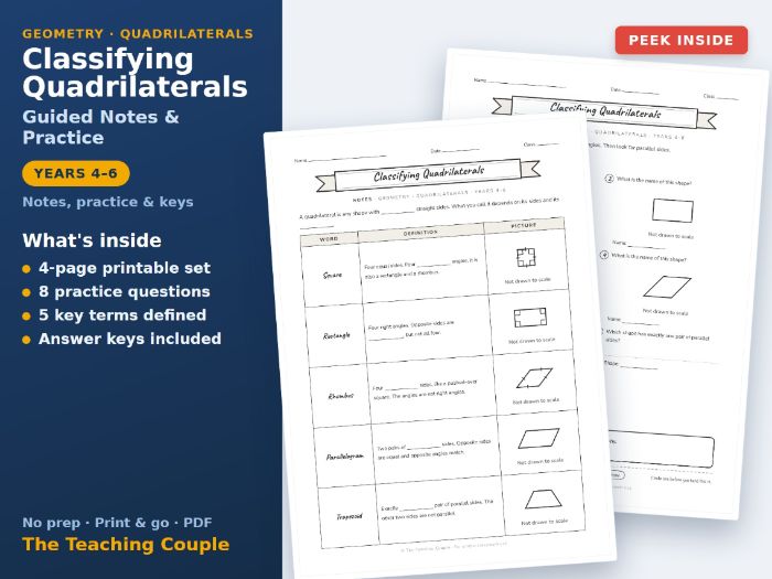 Classifying Quadrilaterals Sketch Notes & Practice + Answer Keys