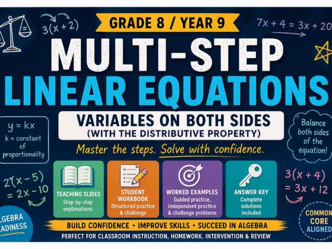 Multi-Step Linear Equations Mega Lesson | Teaching Slides + Student Workbook + Answer Key
