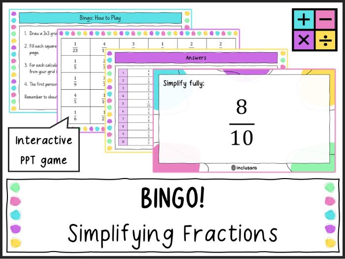 Simplifying Fractions Bingo Game, Fraction Calculations Whole Class Activities