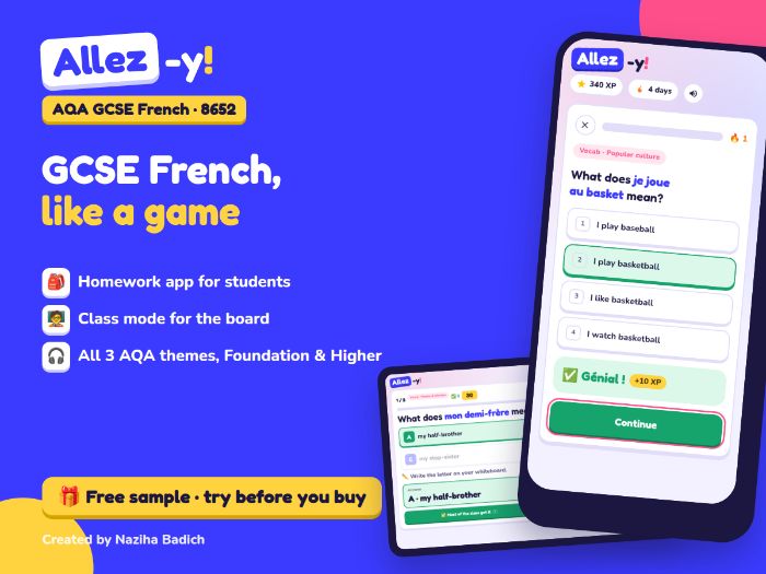 Allez-y! AQA GCSE French practice game – homework app + Class mode (Foundation & Higher)