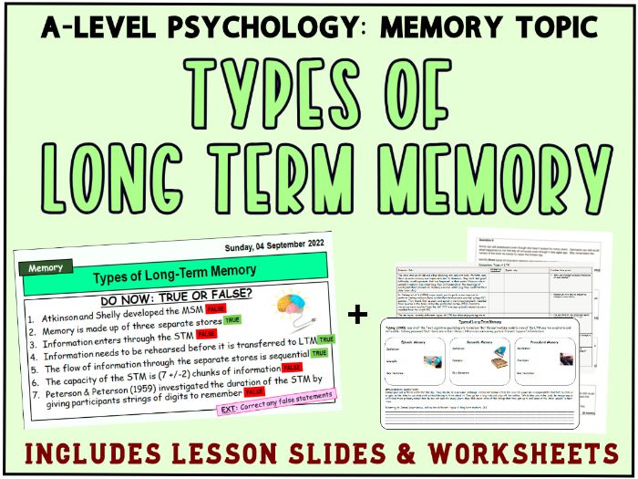 ALevel Psychology TYPES OF LONGTERM MEMORY (Year 1 Memory