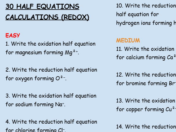 Half equations (redox) calculations