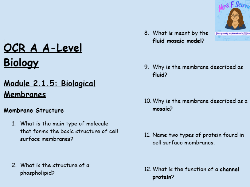 OCR A A-Level Biology: Module 2.1.5 Biological Membranes | 50 Questions & Answers