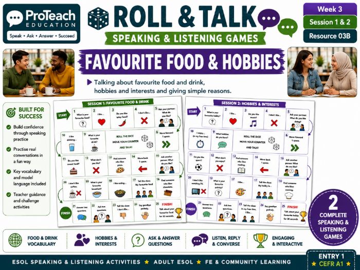 ESOL Entry 1 Speaking & Listening Games | Roll & Talk | Week 3 – Food & Hobbies