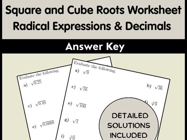 Square and Cube Roots Worksheet | Radical Expressions & Decimals | Answer Key