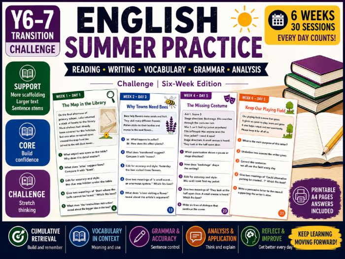 Year 6 to Year 7 English Summer Transition Booklet – Challenge | 30 Sessions & Answers