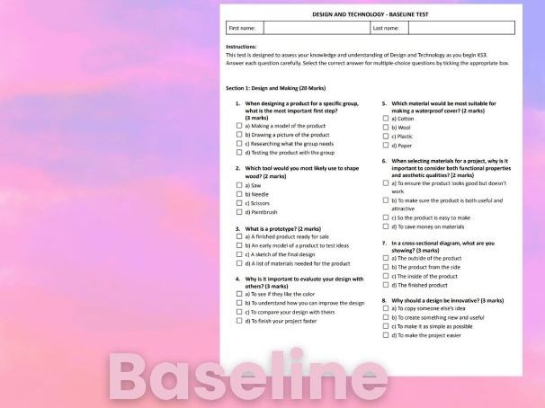 Year 7 Baseline Test: Design and Technology (Timbers, Fibres & Food) | Inc Mark Scheme