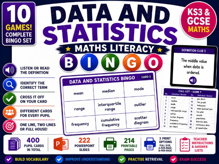 Data and Statistics Maths Literacy Bingo | KS3 & GCSE Vocabulary | 10 Games