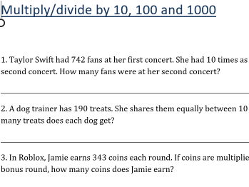 Multiply / Divide 10, 100, 100 Word Problems