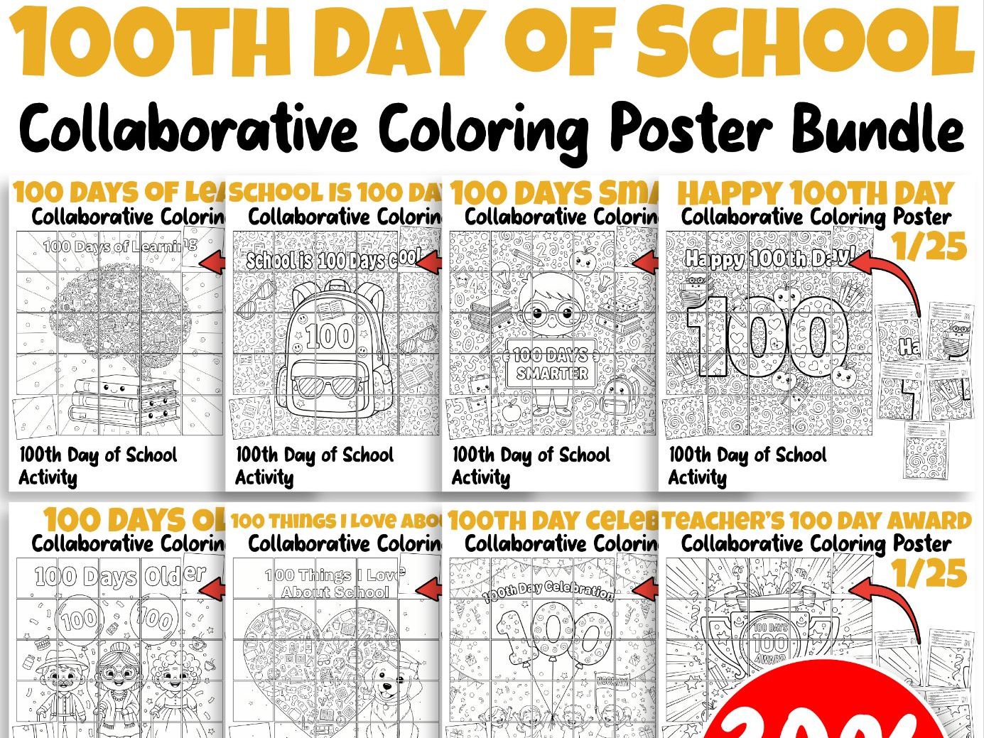 100th Day of School Collaborative Coloring Posters BUNDLE | 8 Fun Classroom Activities