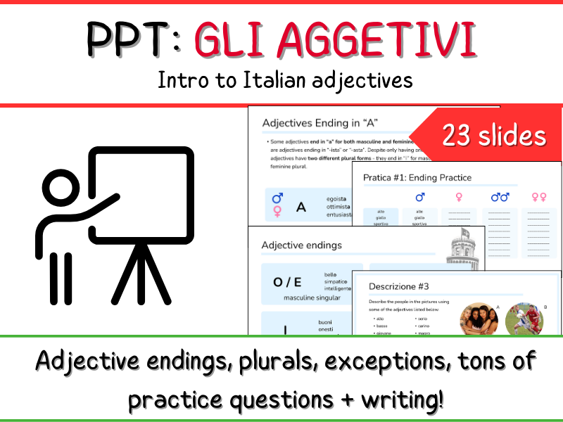 Italian Adjectives / Aggettivi - PPT Presentation - Grammar Rules + Practice