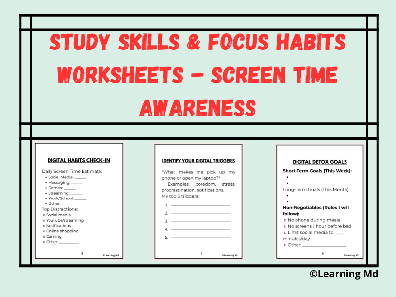Study Skills & Focus Habits Worksheets – Screen Time Awareness