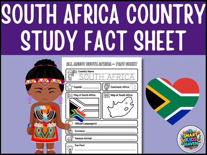 South Africa Printable Worksheets Map and Flag Country Study Research Project.