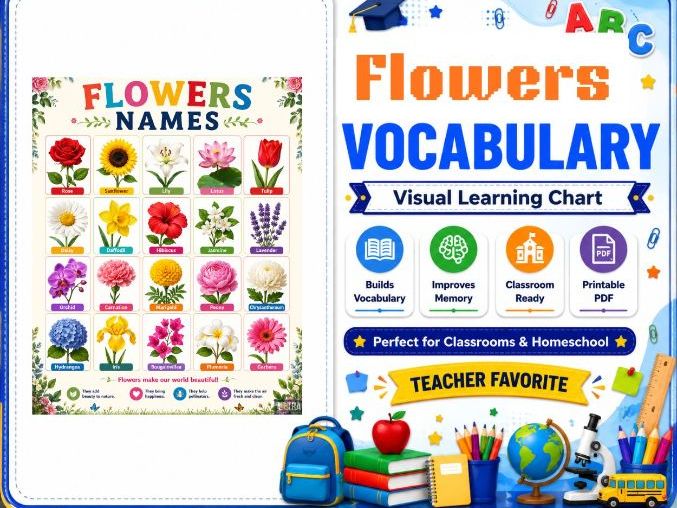 Botanical Flower Vocabulary Poster – Printable Nature Learning Chart with Beautiful Flower Names
